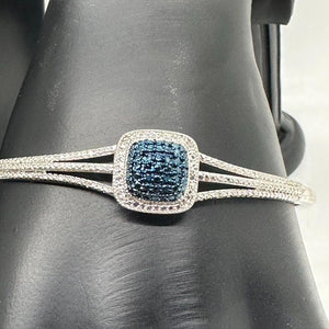 Cushion Cut Blue Diamond Accent Cuff Bracelet - Rhodium Overlay Brass - Beautiful Setting