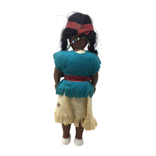 Vintage Native American Indian Doll With Braids and Cultural Dress/Beaded Necklace