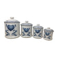 Country Style Ceramic Kitchen Canister Set - White with Blue Heart and Flourish Art - Large Lid NO LONGER INCLUDED