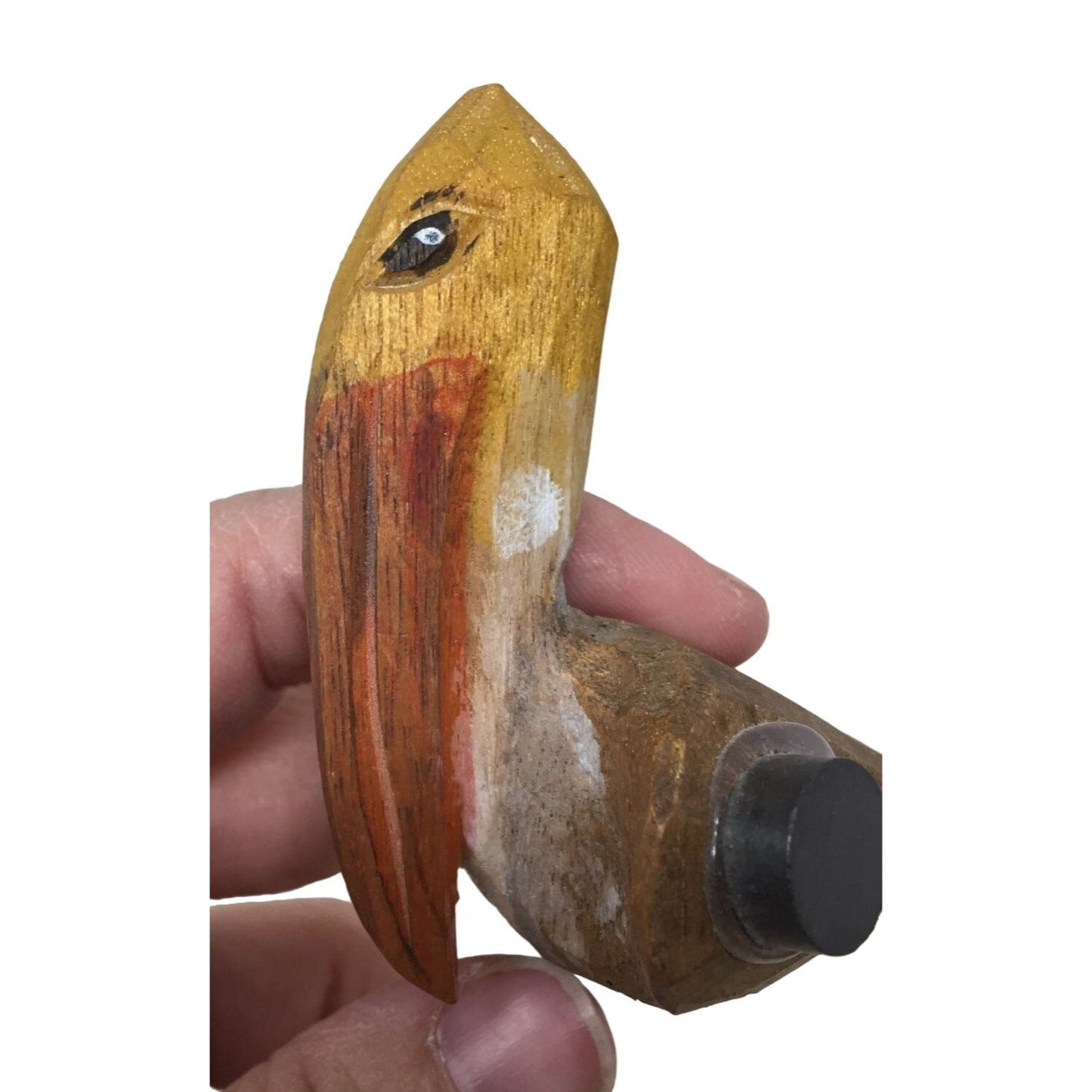 Small Carved Wooden Pelican Bird Magnet- writing on the bottom "OBX, NC 2010"