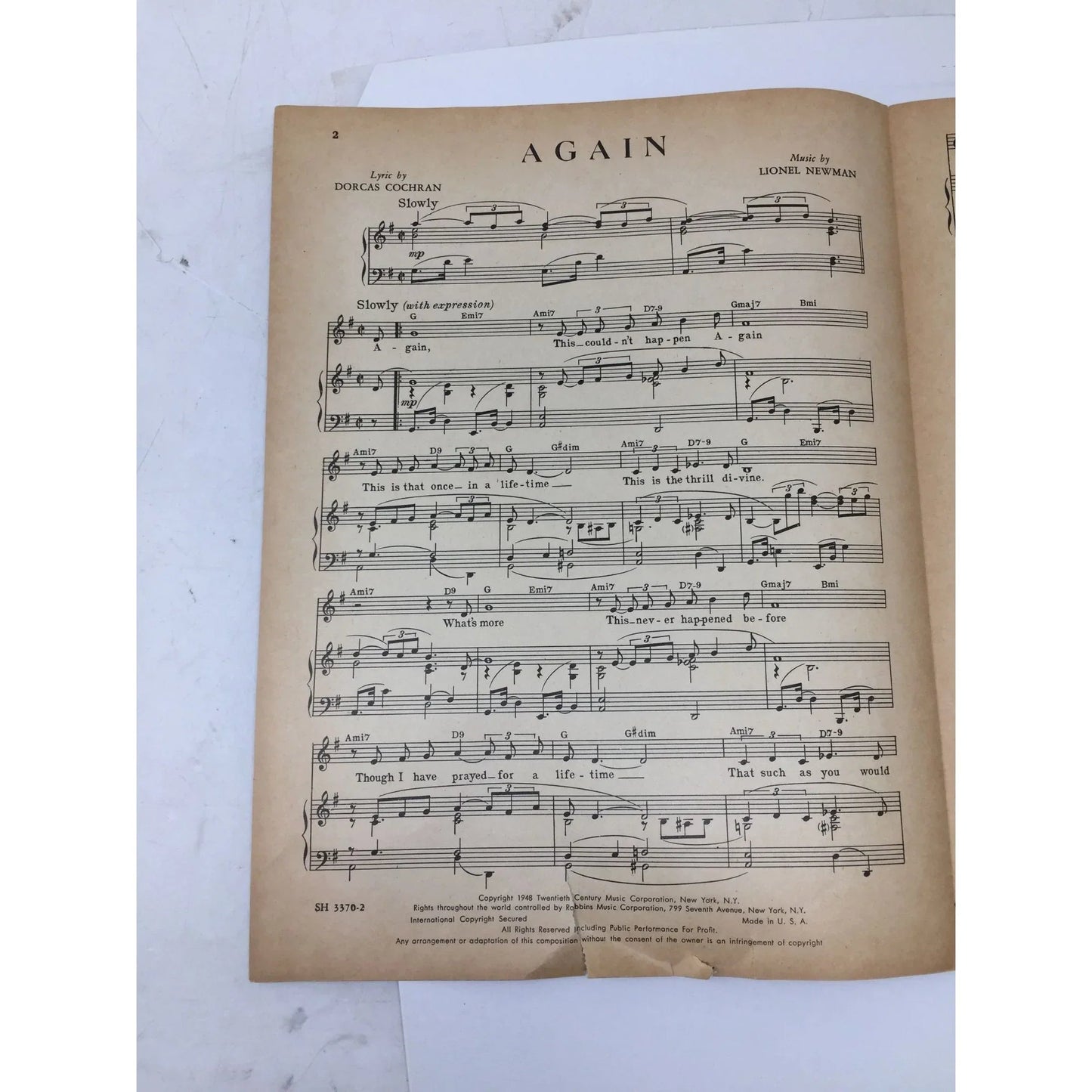 ''AGAIN'' by Dorcas Cochran and Lionel Newman - A+ Stuff - SHEET MUSIC - A+ Stuff