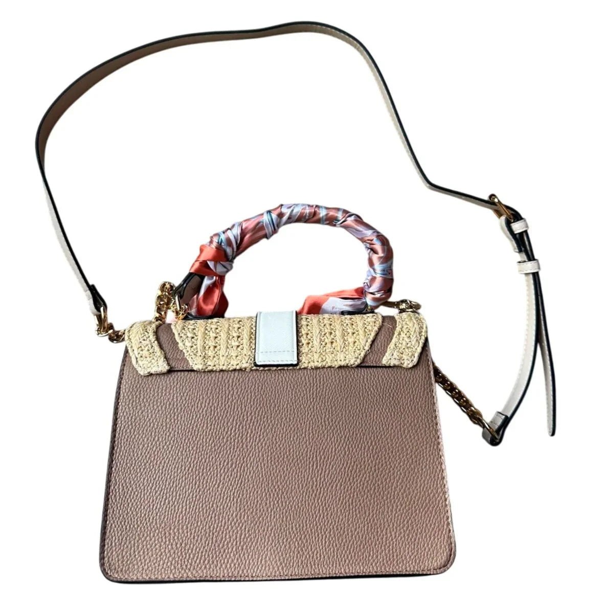ALDO Satchel Beige & Taupe Straw Flap Bag with Melon Pink Twilly - Aldo - satchel bag - A+ Stuff