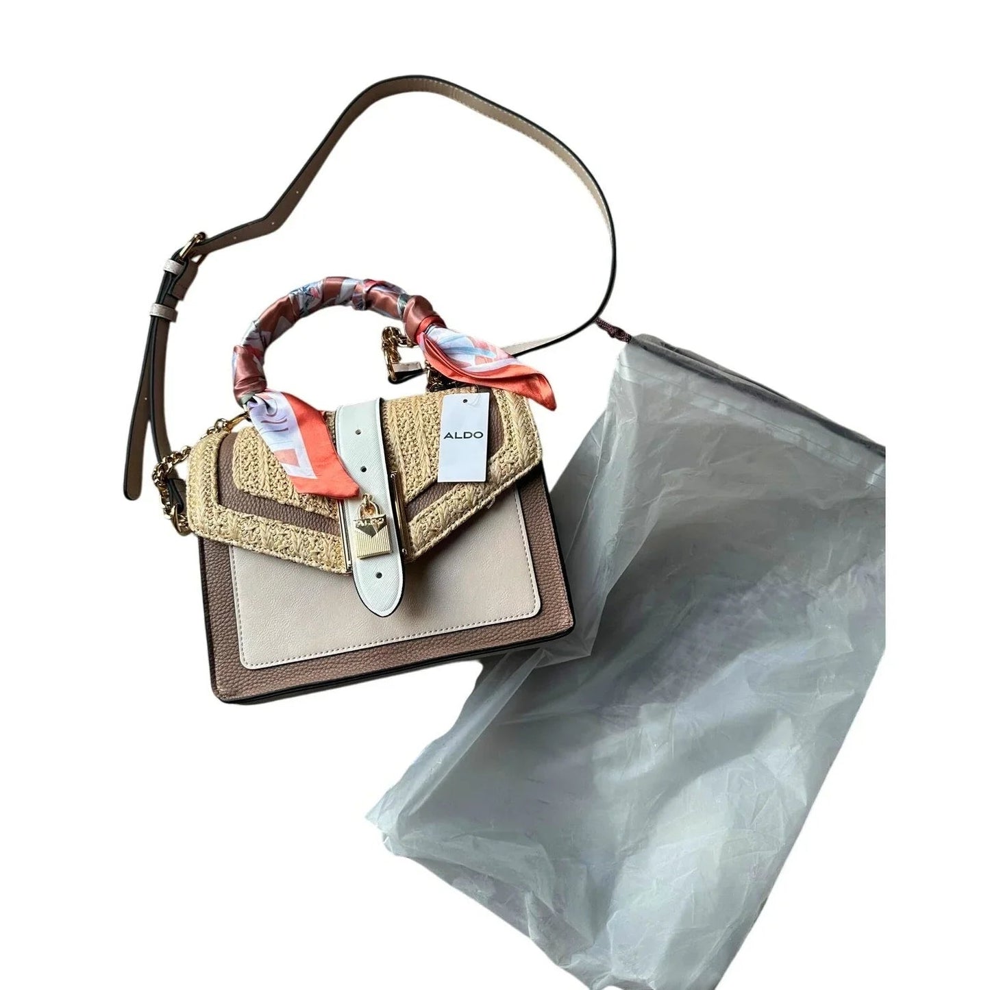 ALDO Satchel Beige & Taupe Straw Flap Bag with Melon Pink Twilly - Aldo - satchel bag - A+ Stuff