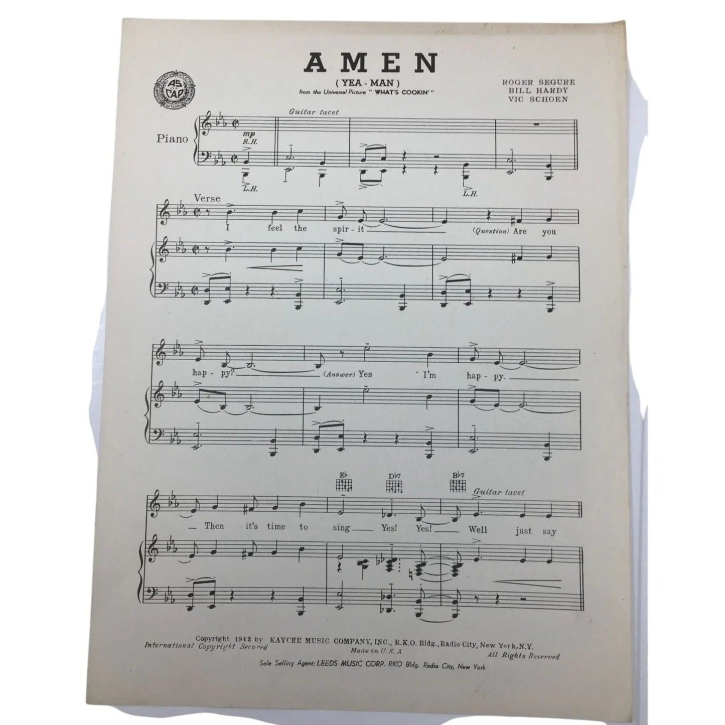 ''AMEN (Yea - Man)'' By Roger Segure, Bill Hardy, Vic Schoen - A+ Stuff - SHEET MUSIC - A+ Stuff