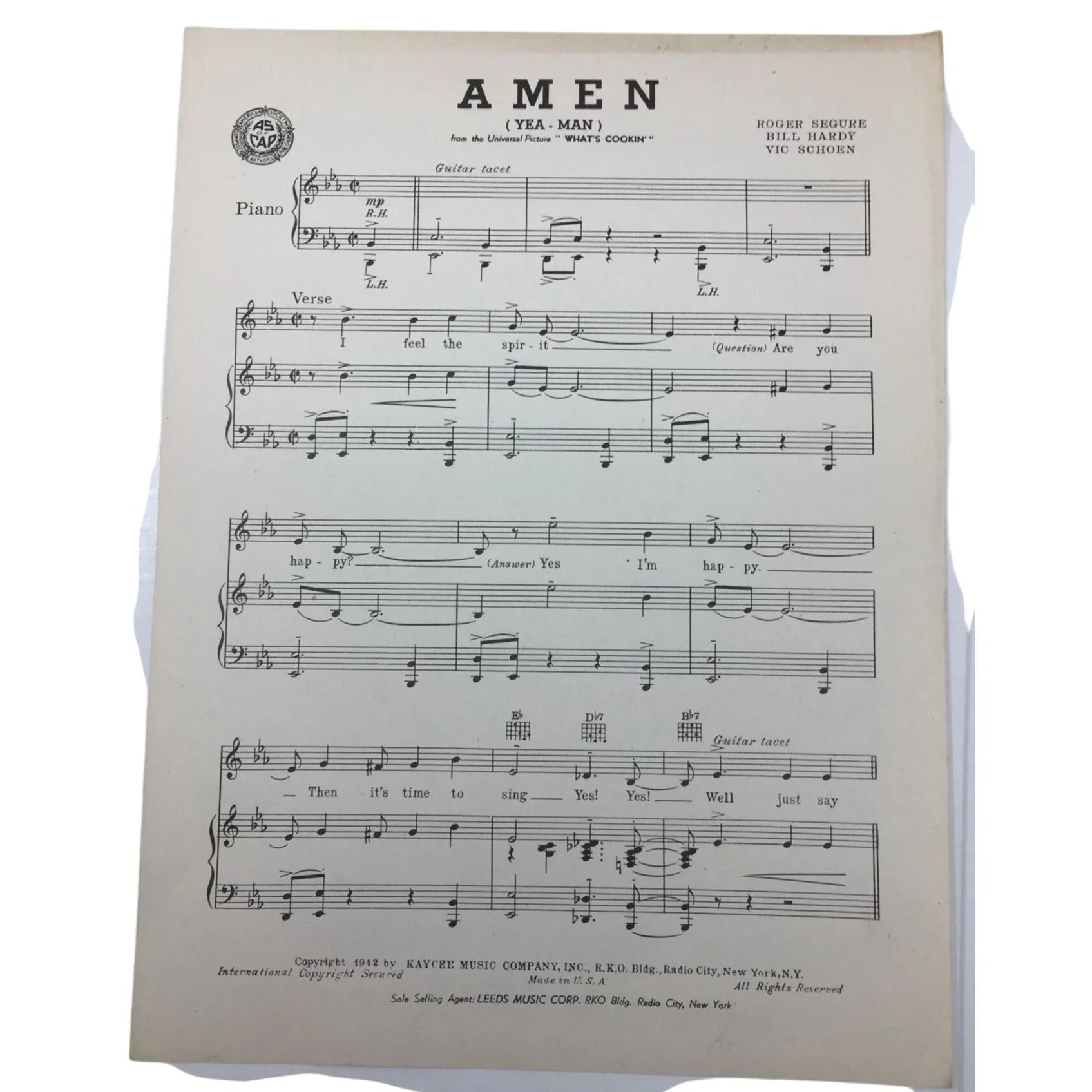 ''AMEN (Yea - Man)'' By Roger Segure, Bill Hardy, Vic Schoen - A+ Stuff - SHEET MUSIC - A+ Stuff