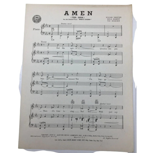 ''AMEN (Yea - Man)'' By Roger Segure, Bill Hardy, Vic Schoen - A+ Stuff - SHEET MUSIC - A+ Stuff