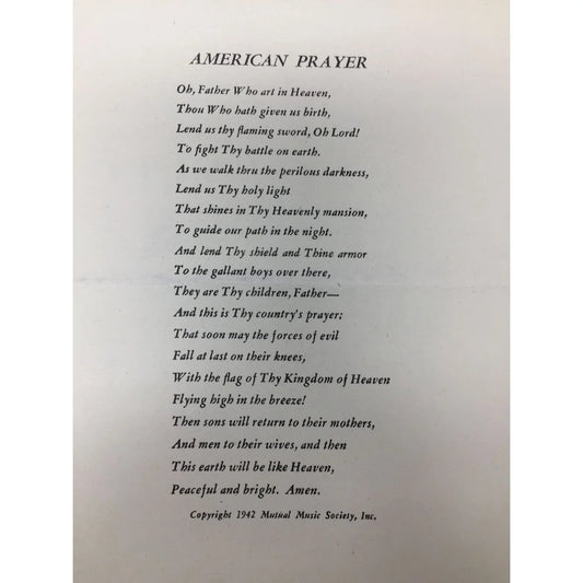 ''AMERICAN PRAYER'' Vintage 1942 Sheet music book - A+ Stuff - sheet music - A+ Stuff