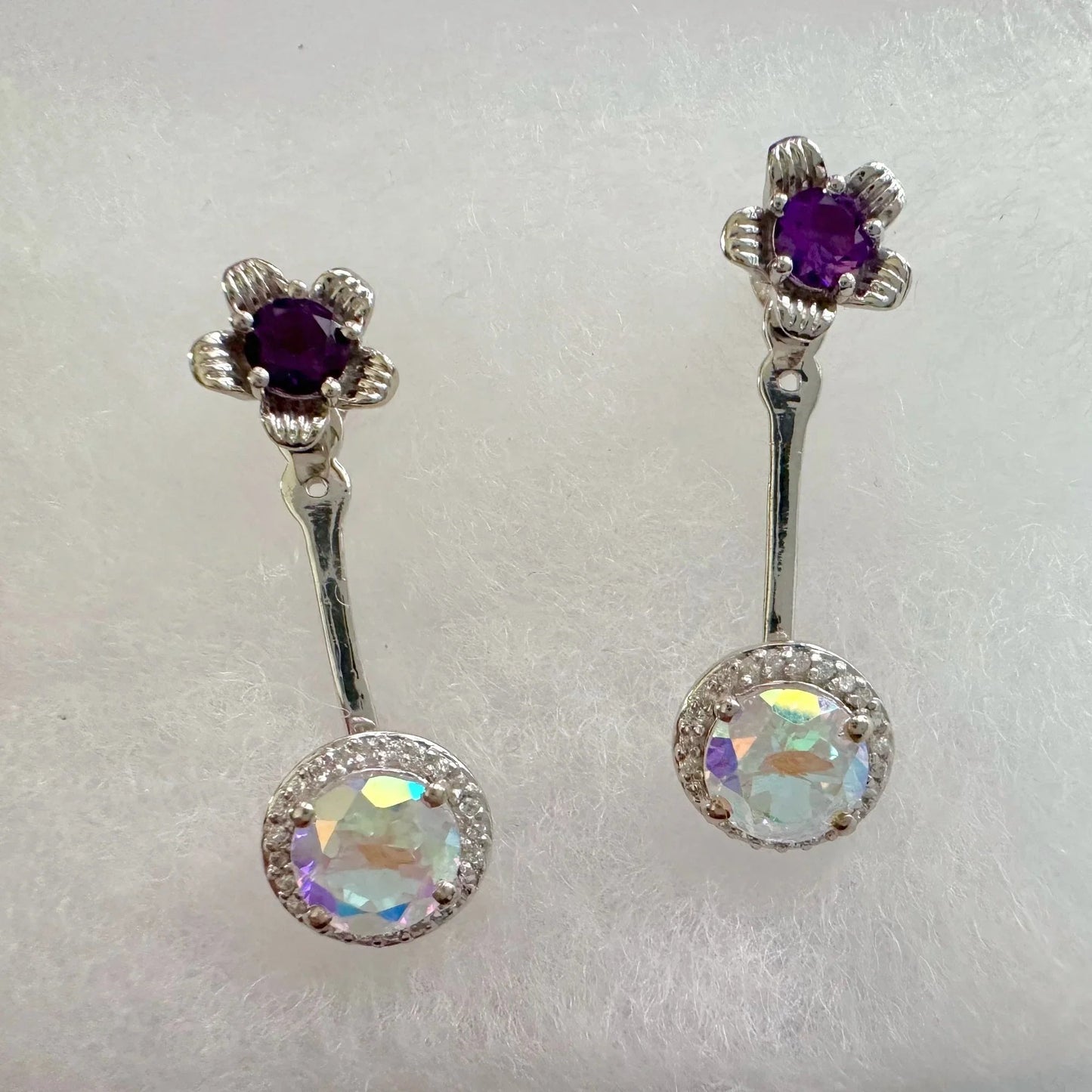 Amethyst Flower Stud Earrings with Beautiul (Removable) Rainbow Topaz Dangles - A+ Stuff - Earrings - A+ Stuff