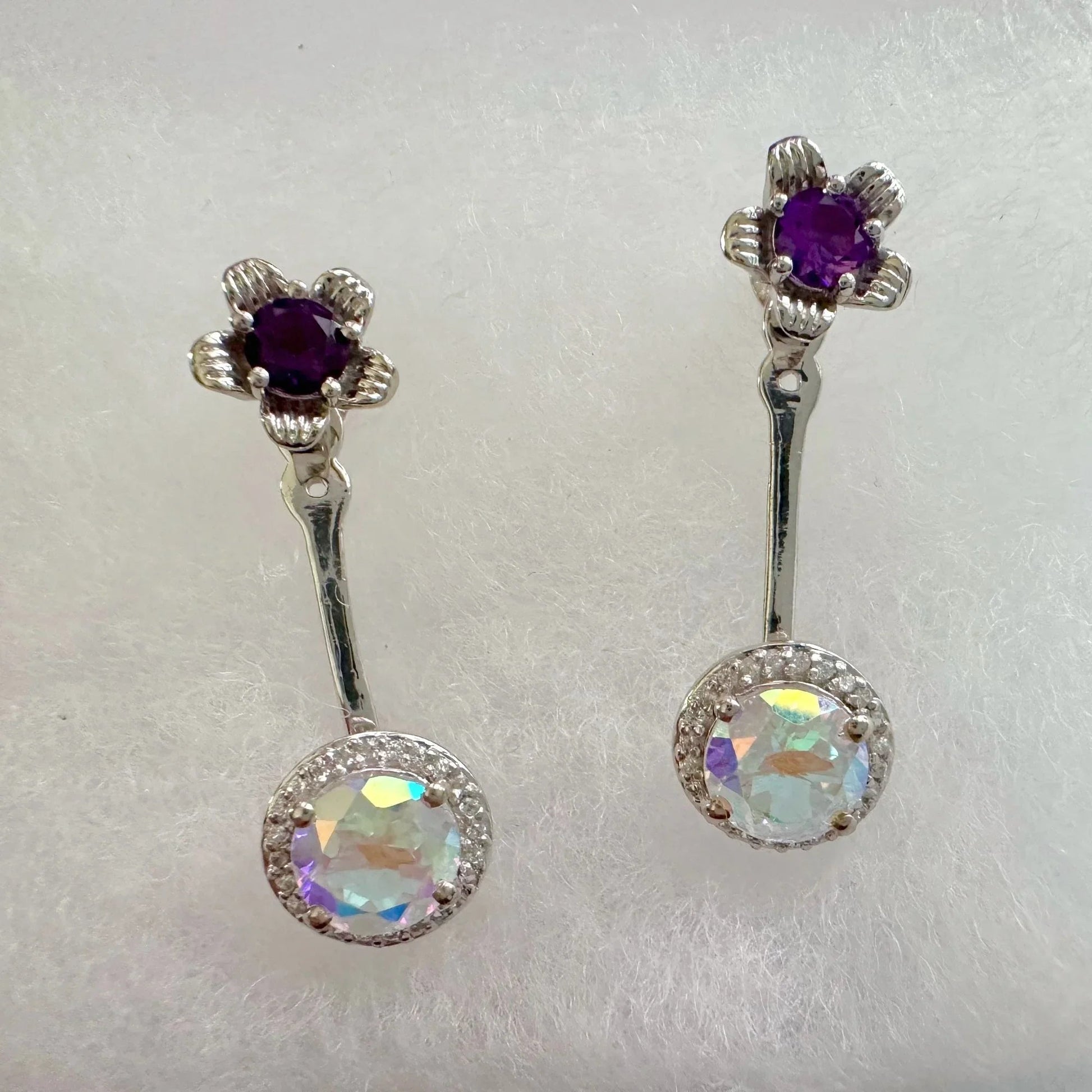 Amethyst Flower Stud Earrings with Beautiul (Removable) Rainbow Topaz Dangles - A+ Stuff - Earrings - A+ Stuff