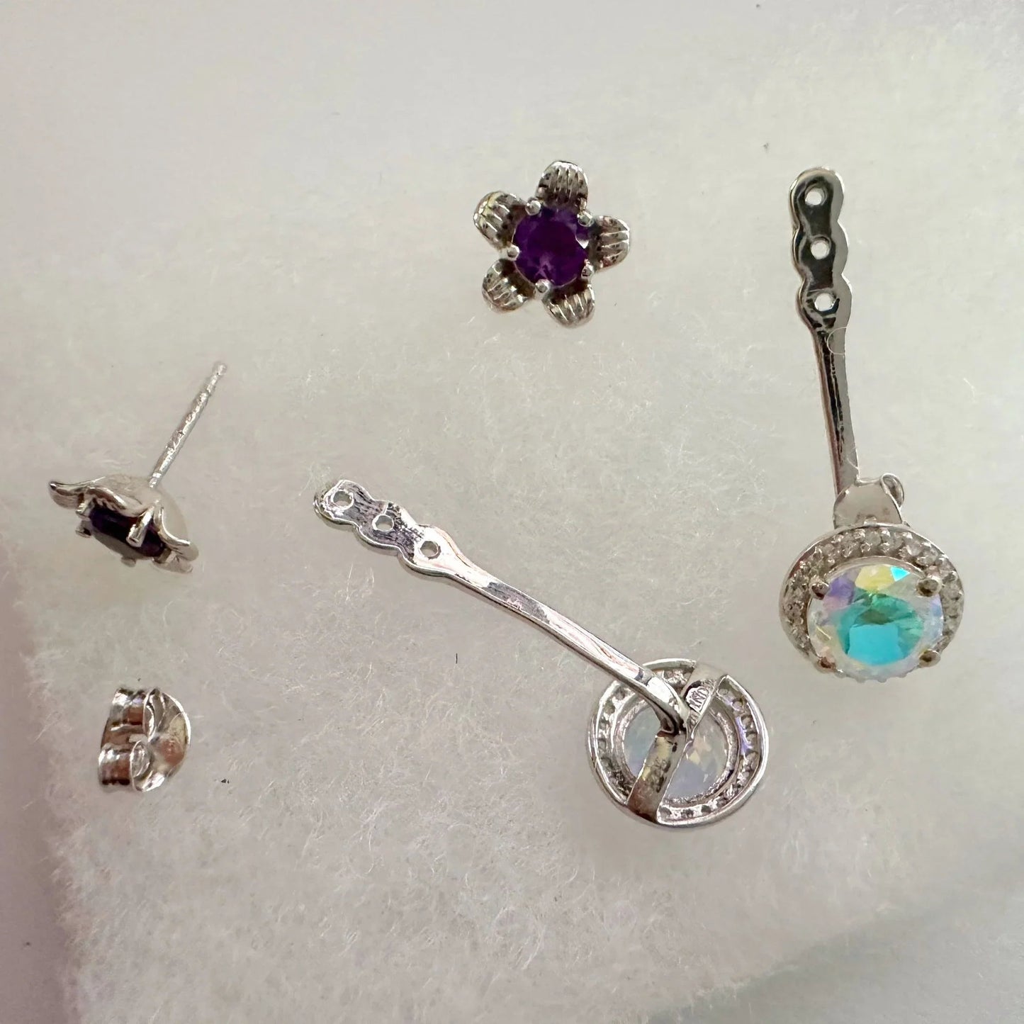 Amethyst Flower Stud Earrings with Beautiul (Removable) Rainbow Topaz Dangles - A+ Stuff - Earrings - A+ Stuff