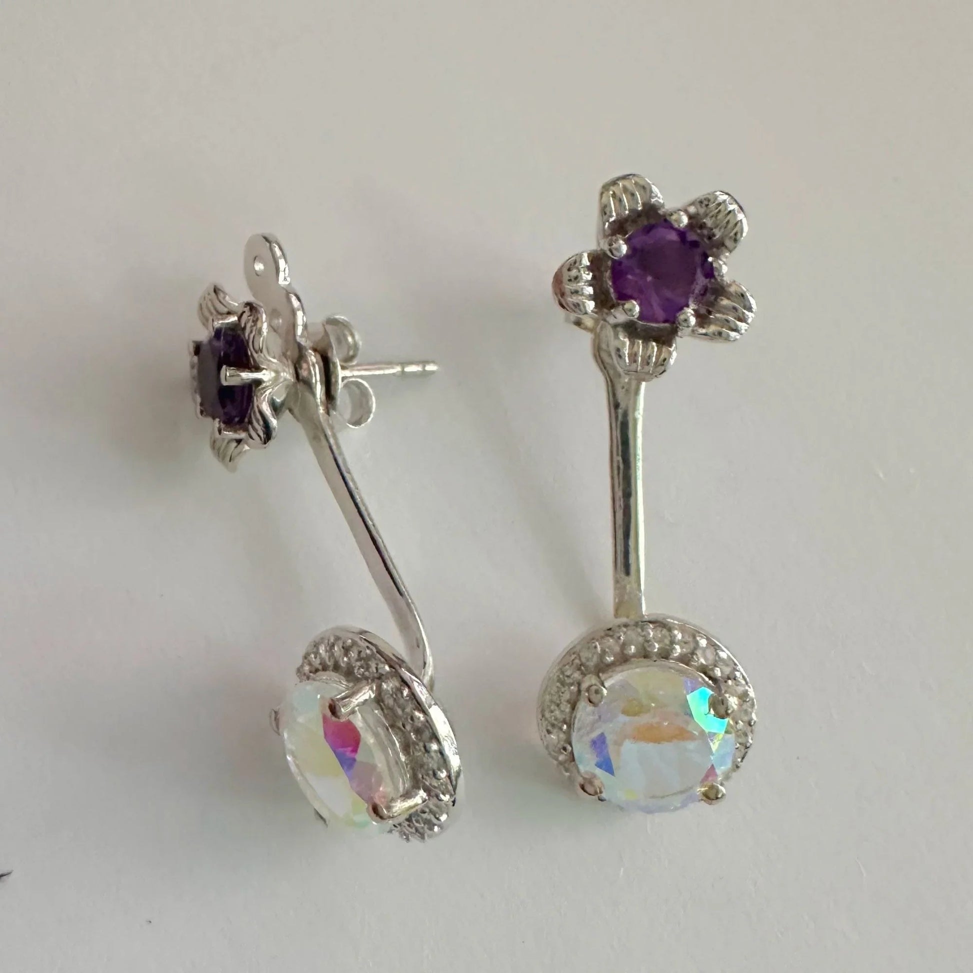Amethyst Flower Stud Earrings with Beautiul (Removable) Rainbow Topaz Dangles - A+ Stuff - Earrings - A+ Stuff