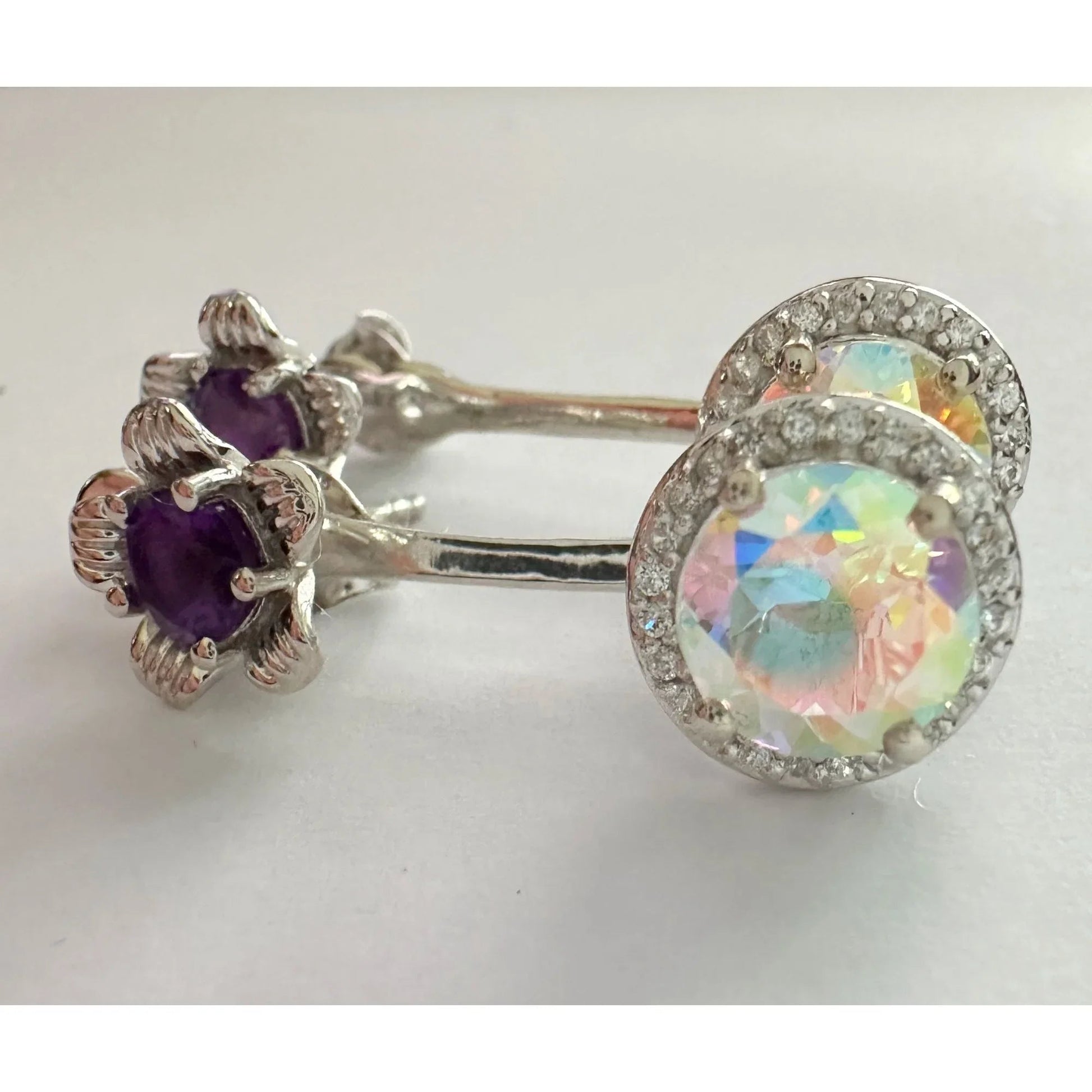 Amethyst Flower Stud Earrings with Beautiul (Removable) Rainbow Topaz Dangles - A+ Stuff - Earrings - A+ Stuff