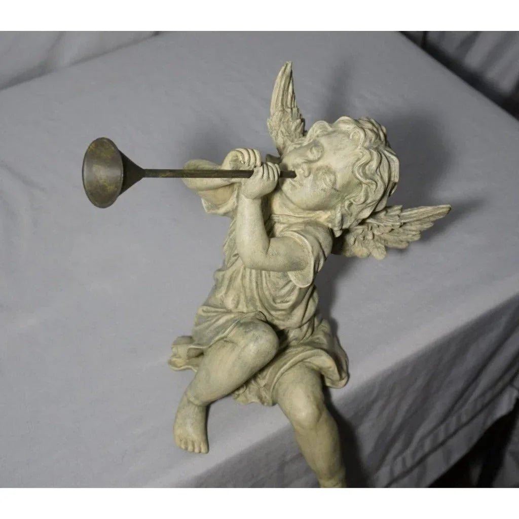 Angel Cherub Shelf Sitter Figurine Sculpture Playing a Metal Trumpet - A+ Stuff - Figurines - A+ Stuff