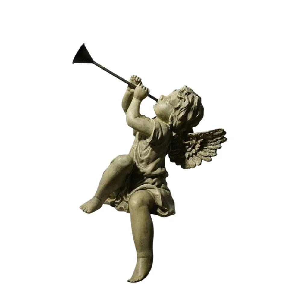 Angel Cherub Shelf Sitter Figurine Sculpture Playing a Metal Trumpet - A+ Stuff - Figurines - A+ Stuff