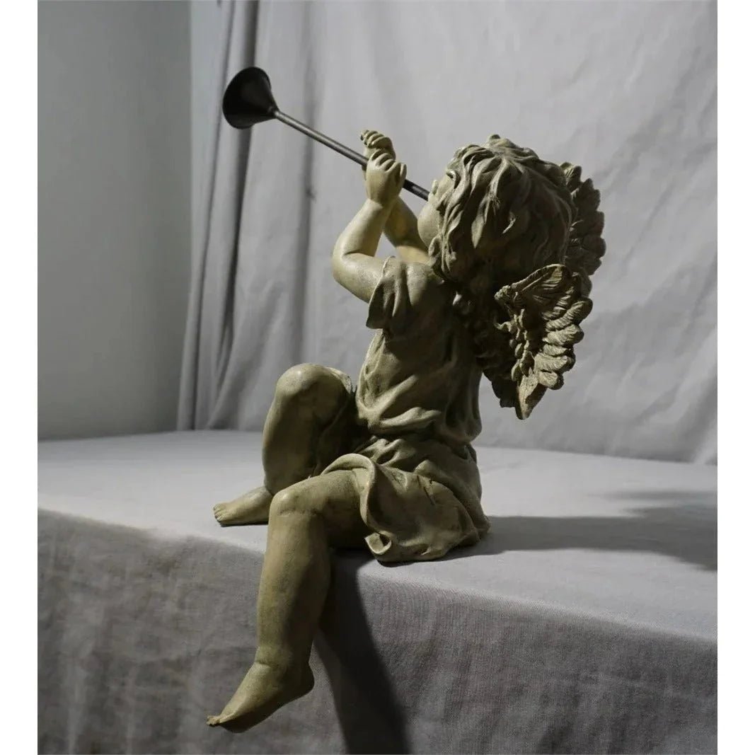 Angel Cherub Shelf Sitter Figurine Sculpture Playing a Metal Trumpet - A+ Stuff - Figurines - A+ Stuff