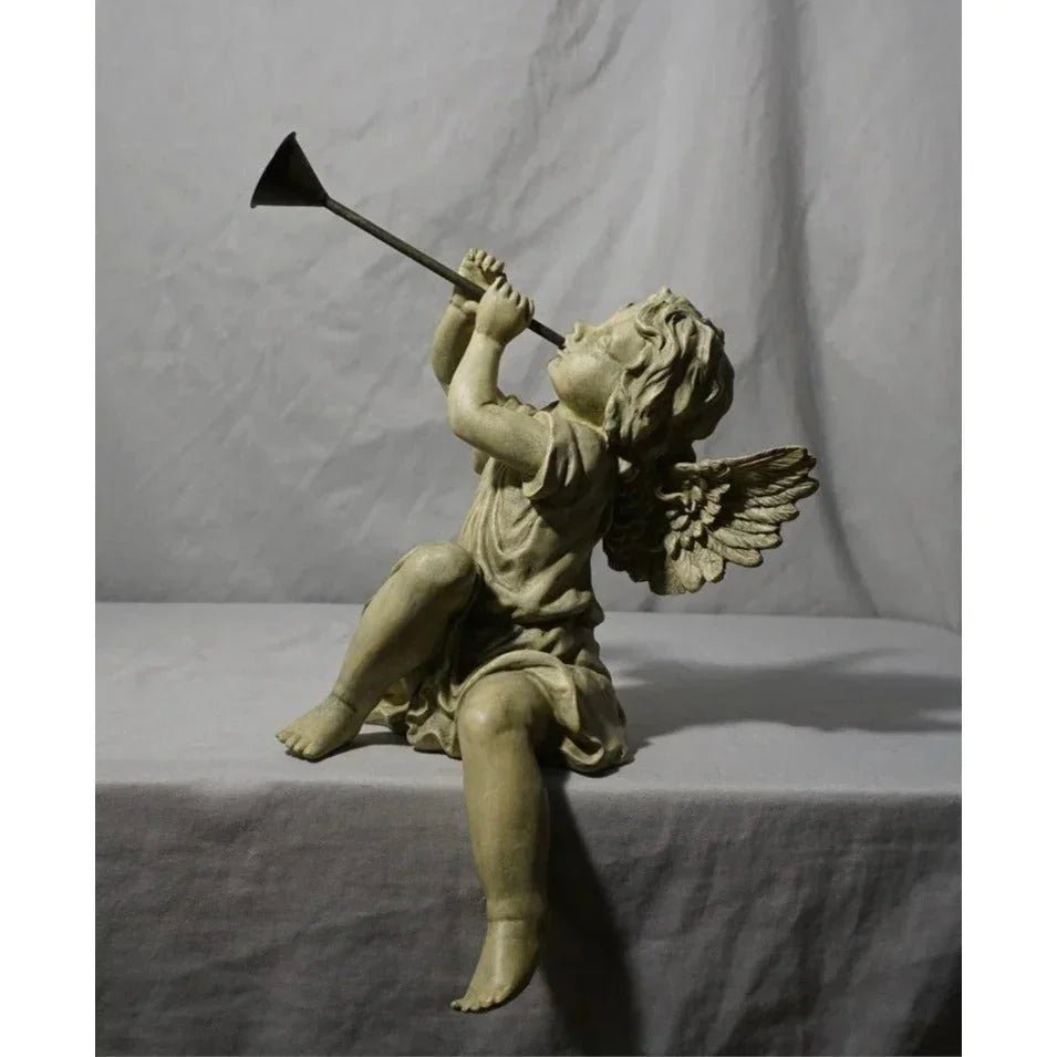 Angel Cherub Shelf Sitter Figurine Sculpture Playing a Metal Trumpet - A+ Stuff - Figurines - A+ Stuff