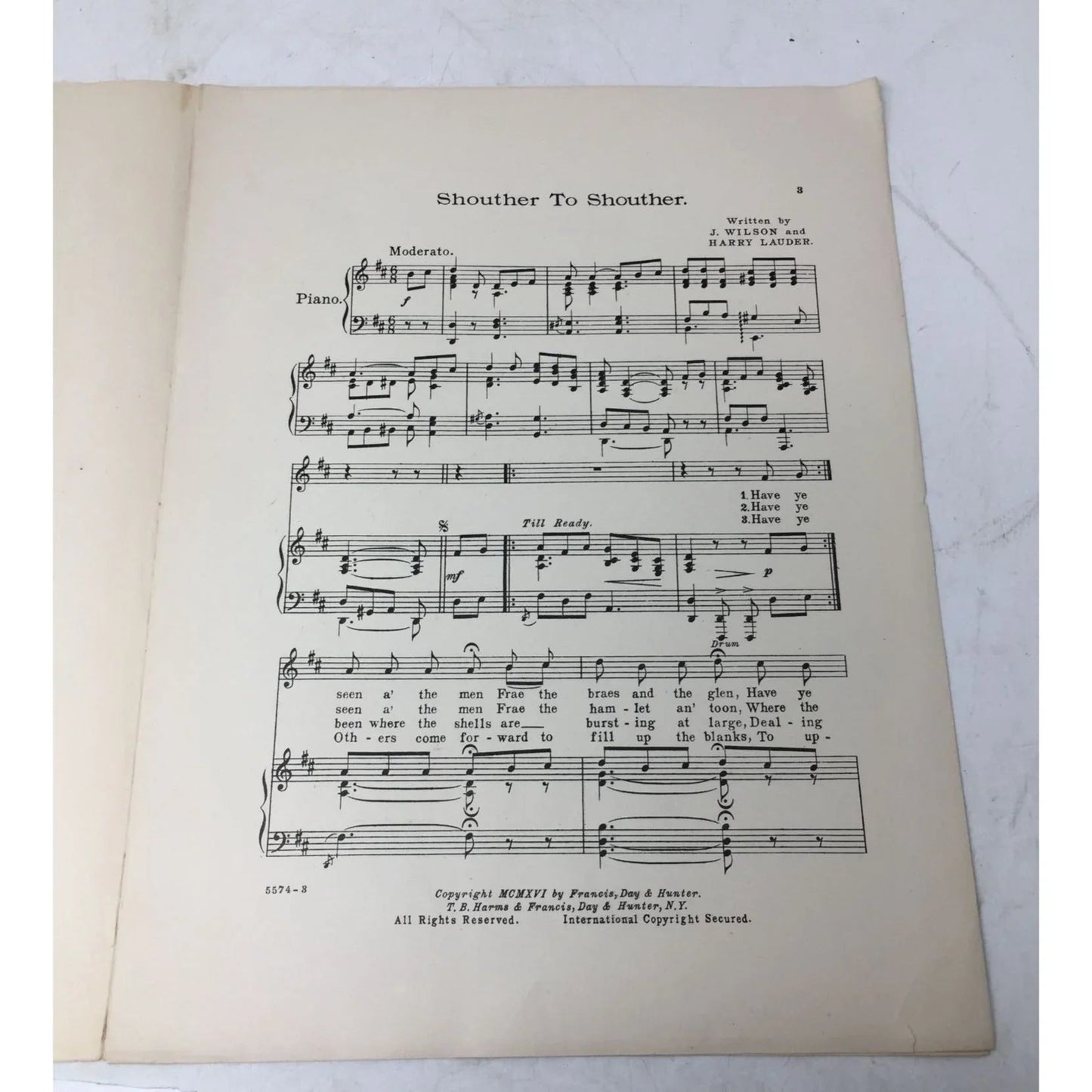 Antique Sheet Music Book - ''Shouther to Shouther'' by J Wilson & Harry Lauder - A+ Stuff - SHEET MUSIC - A+ Stuff