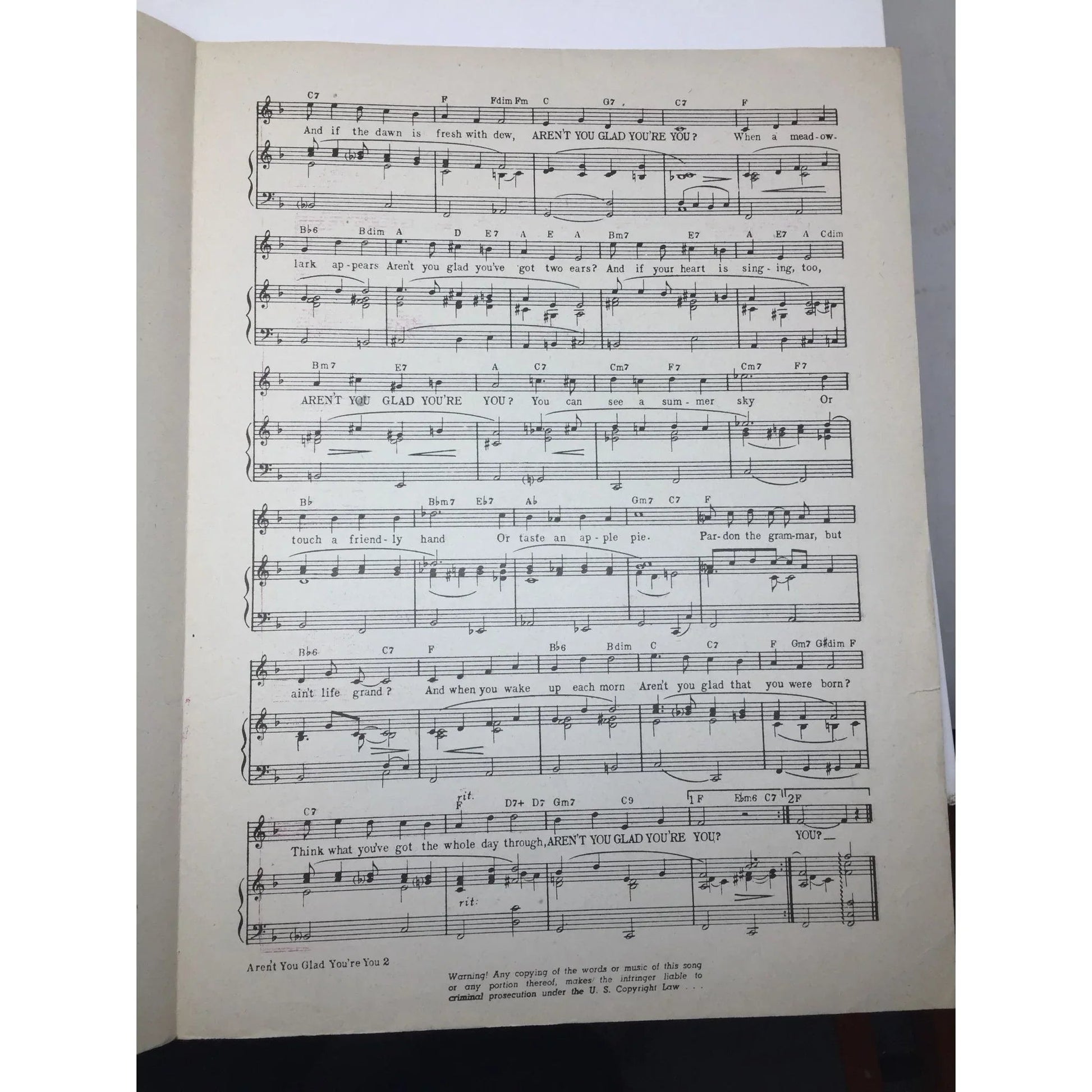''Aren't You Glad You're You'' by Johnny Burke and Jimmy Van Heusen - A+ Stuff - SHEET MUSIC - A+ Stuff
