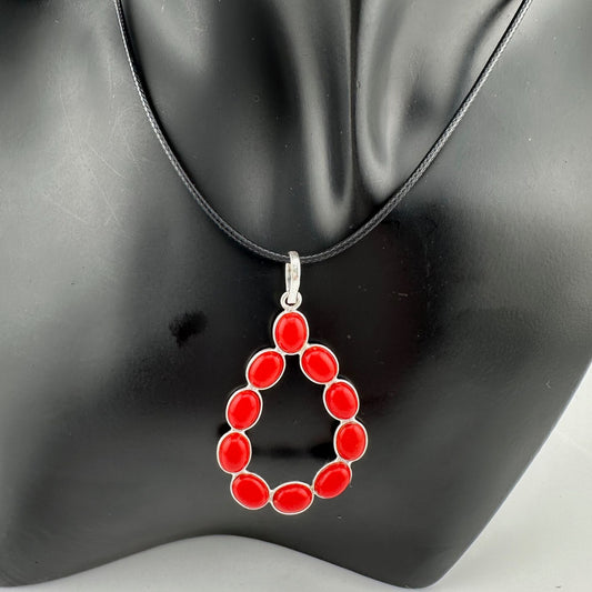 Flirty and Fun Red Coral Teardrop Necklace with Black Leather Cable Chain