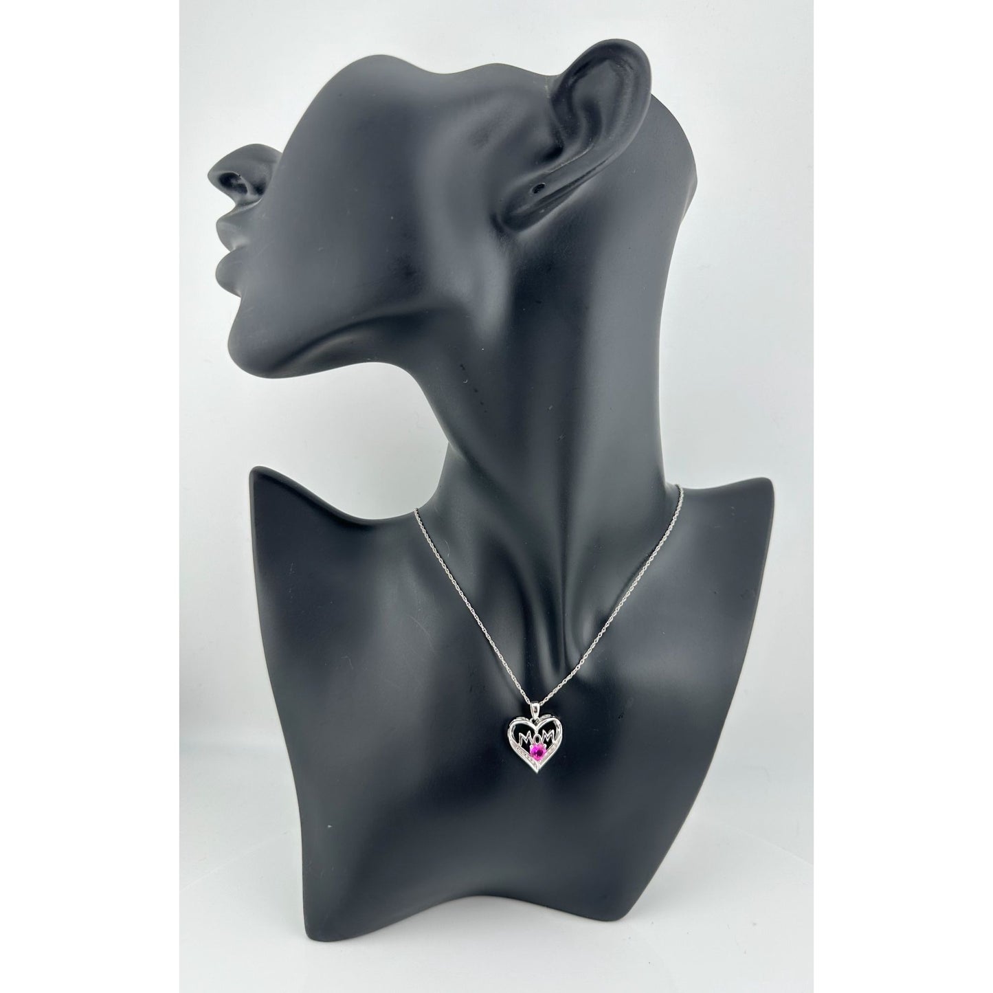 Bright and Beautiful "Mom" Neckace - Heart Shaped Lab Created Pink Sapphire - Sterling