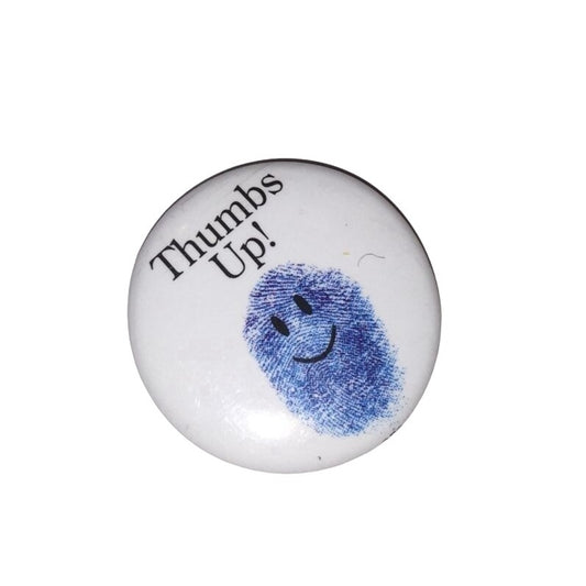 Vintage Thumbs Up! Pinback Button- White with Blue Thumb Print