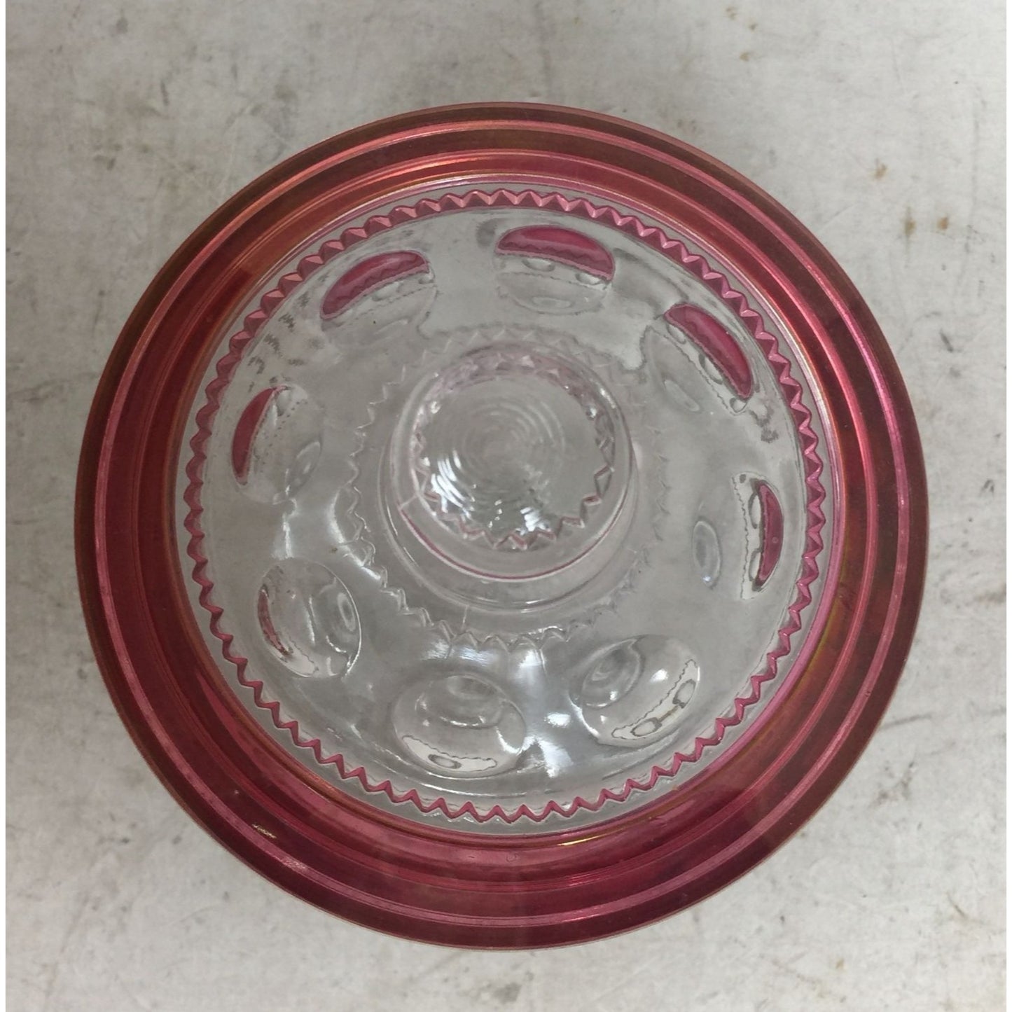 Vintage Clear and Red King's Crown Thumbprint Patterned Glass Lidded Trinket/Candy Dish