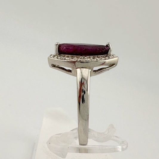 Marquise Cut Garnet & Diamond Ring - Sterling Silver - Size 7