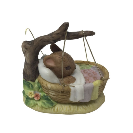 Vintage 1975 Enesco Mouse Laying in Basket Figurine E-5952 - 2x2inches