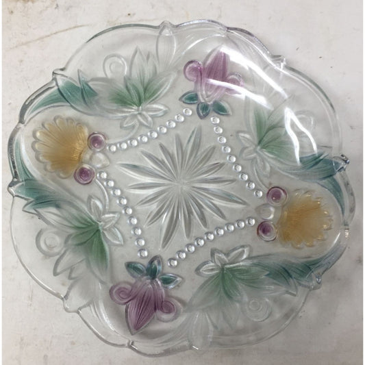 Vintage Small Clear Glass Plate with Flowers/Leaves Printed on it