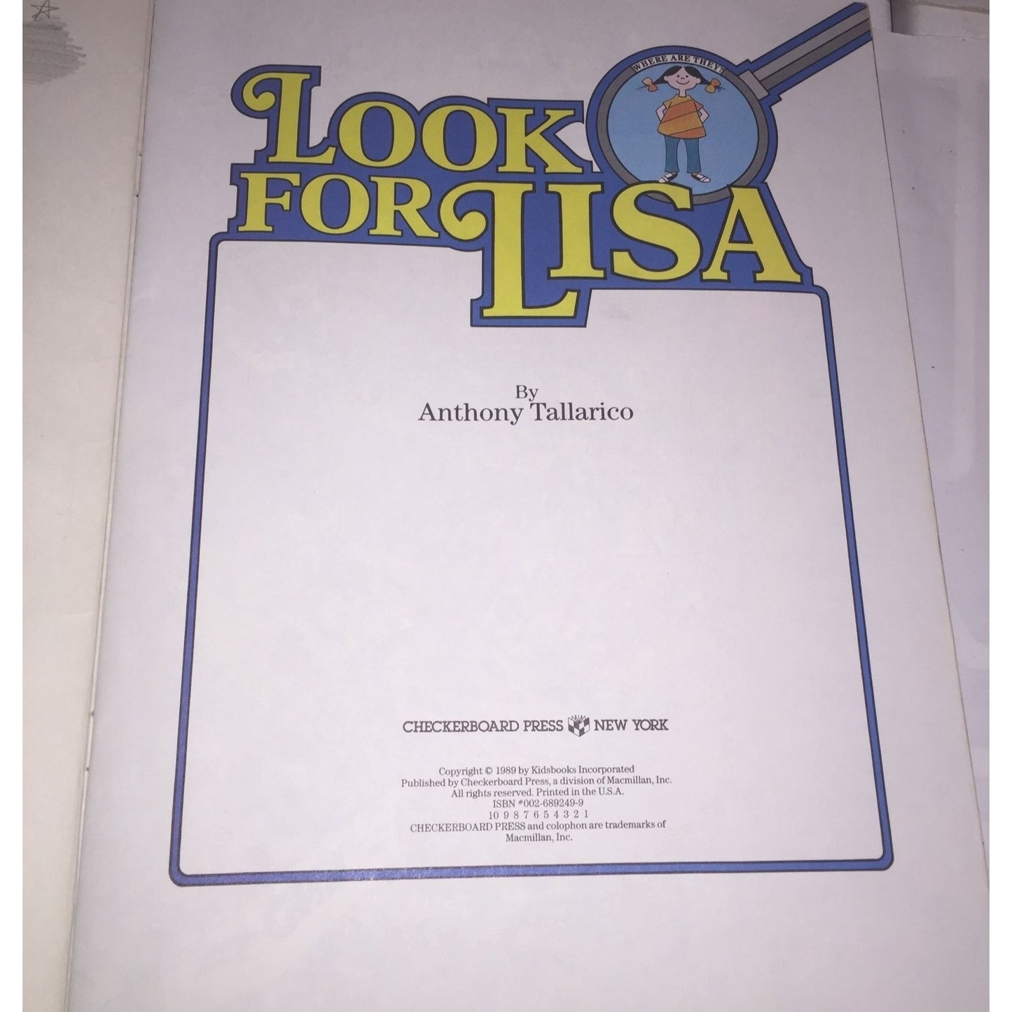 Look for Lisa by Anthony Tallarico Book- Checkerboard Press New York