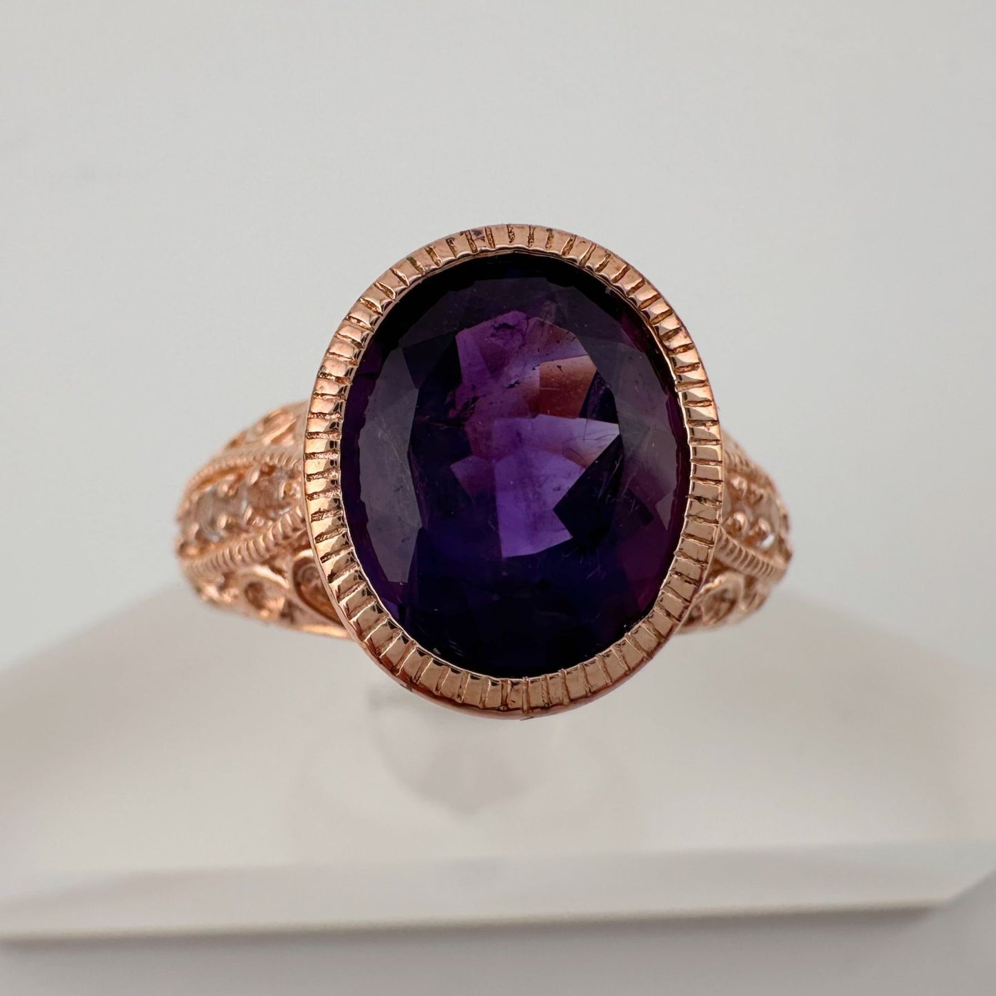 Enchanting 4.12 Carat  Natural Amethyst Designer Ring - SIze 7.25 - 14kt Rose Gold Overlay - Beautiful!