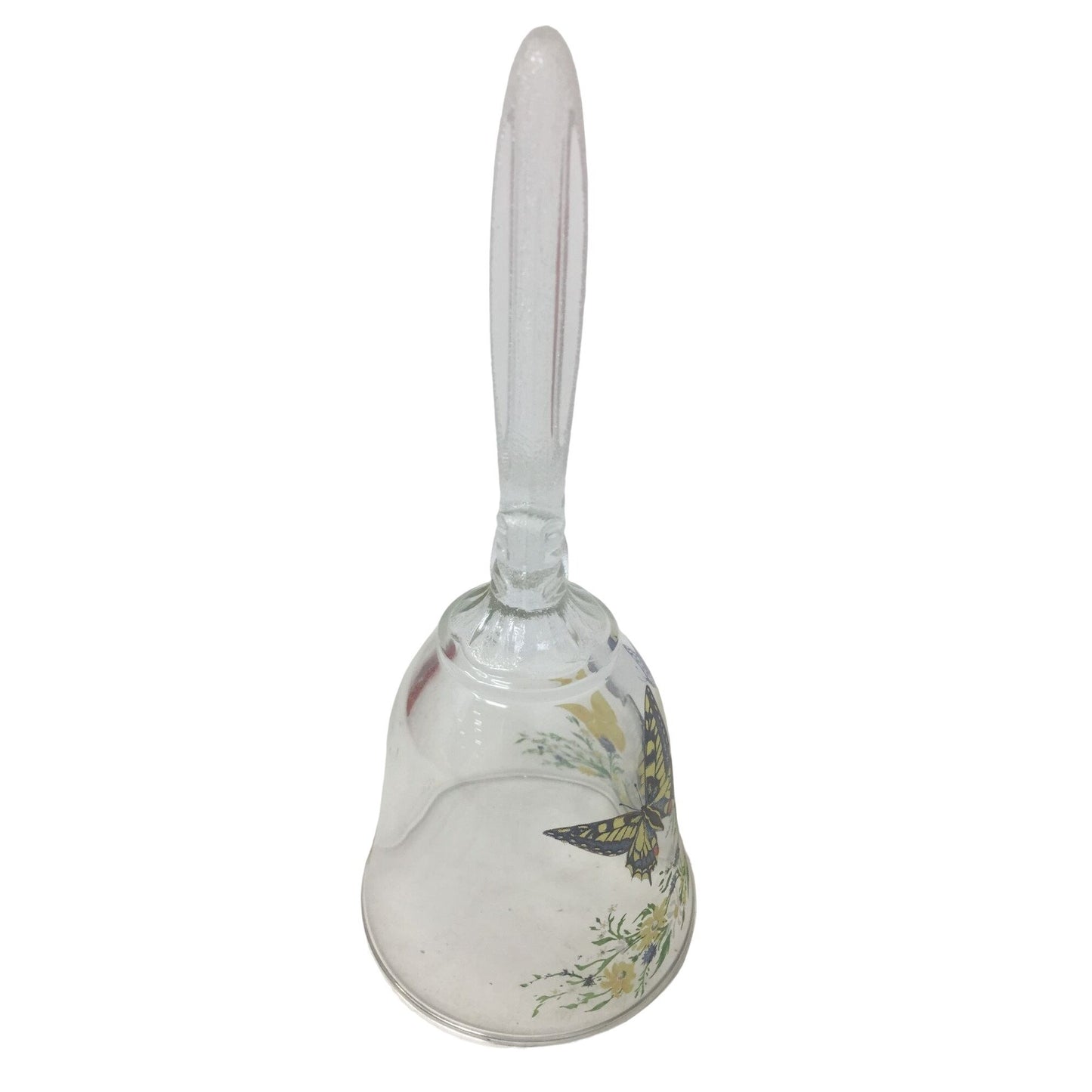 Vintage 1990 Collectible AVON Crystal Glass Handled Bell with Butterflies and Flowers Printed on it