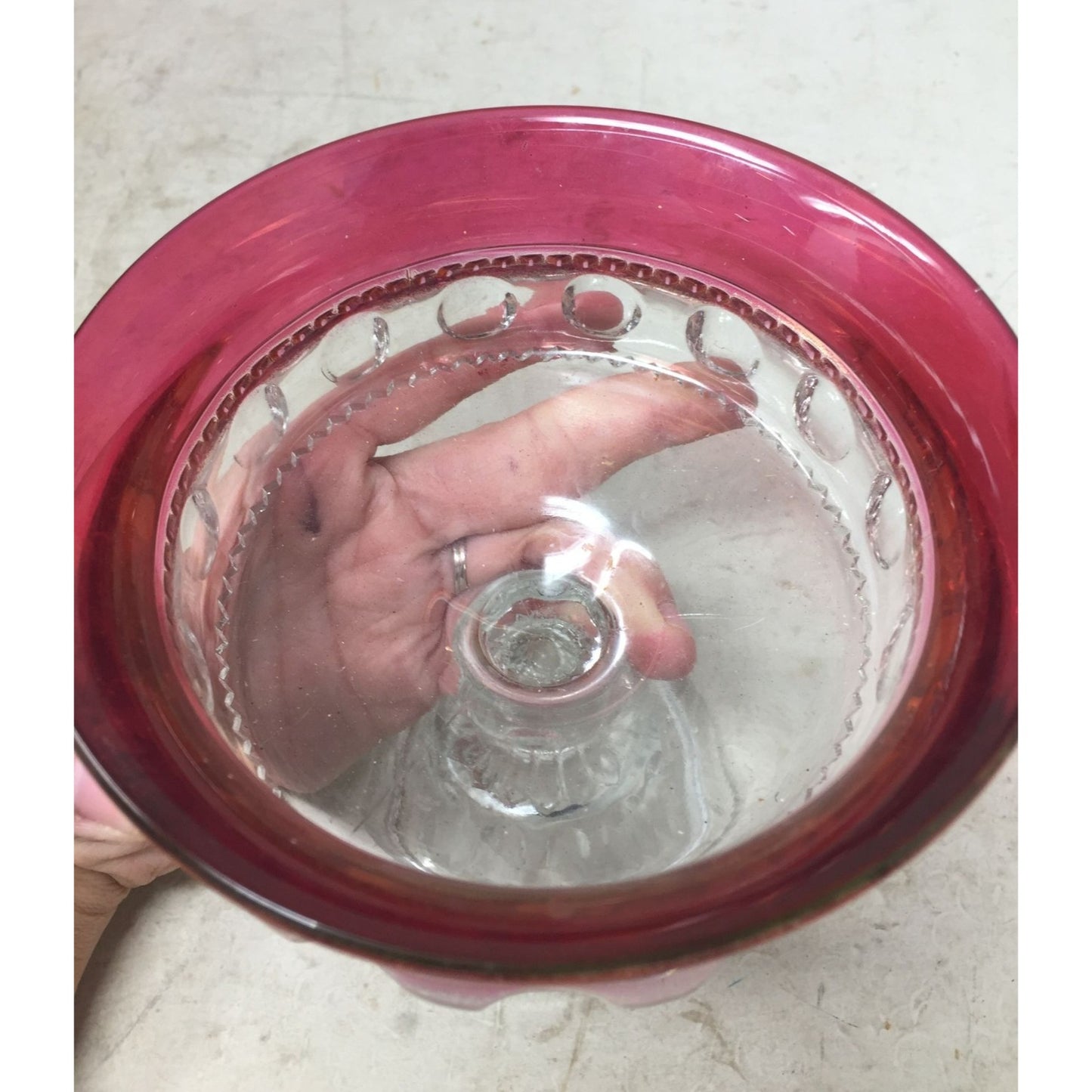 Vintage Clear and Red King's Crown Thumbprint Patterned Glass Lidded Trinket/Candy Dish