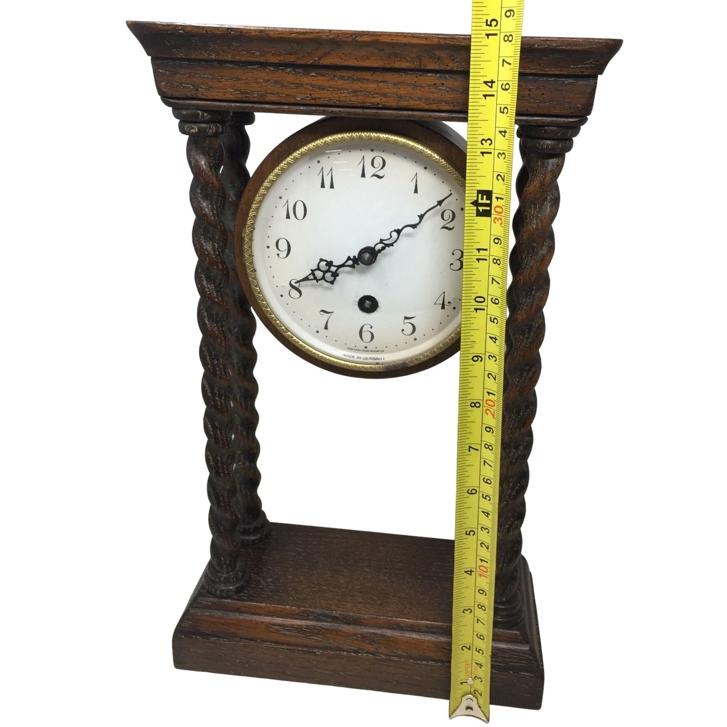 Vintage Mantle Clock - Trend Clocks (Zeeland Michigan) Stamped Made in Germany - 15" Tall - 2 wooden spindles