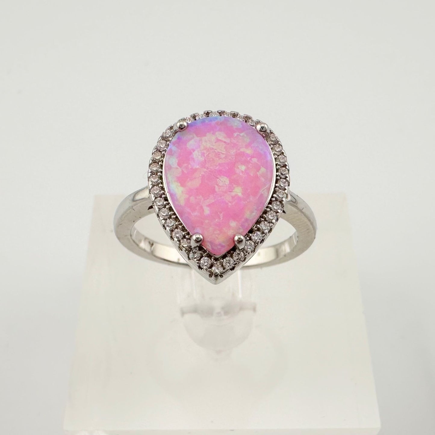 Vibrant Pink Opal Teardrop Ring - Size 7