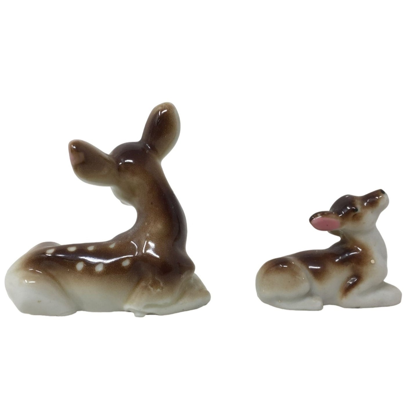 Two Small Miniature Porcelain Deer Figurines- Brown and White Doe and Fawn