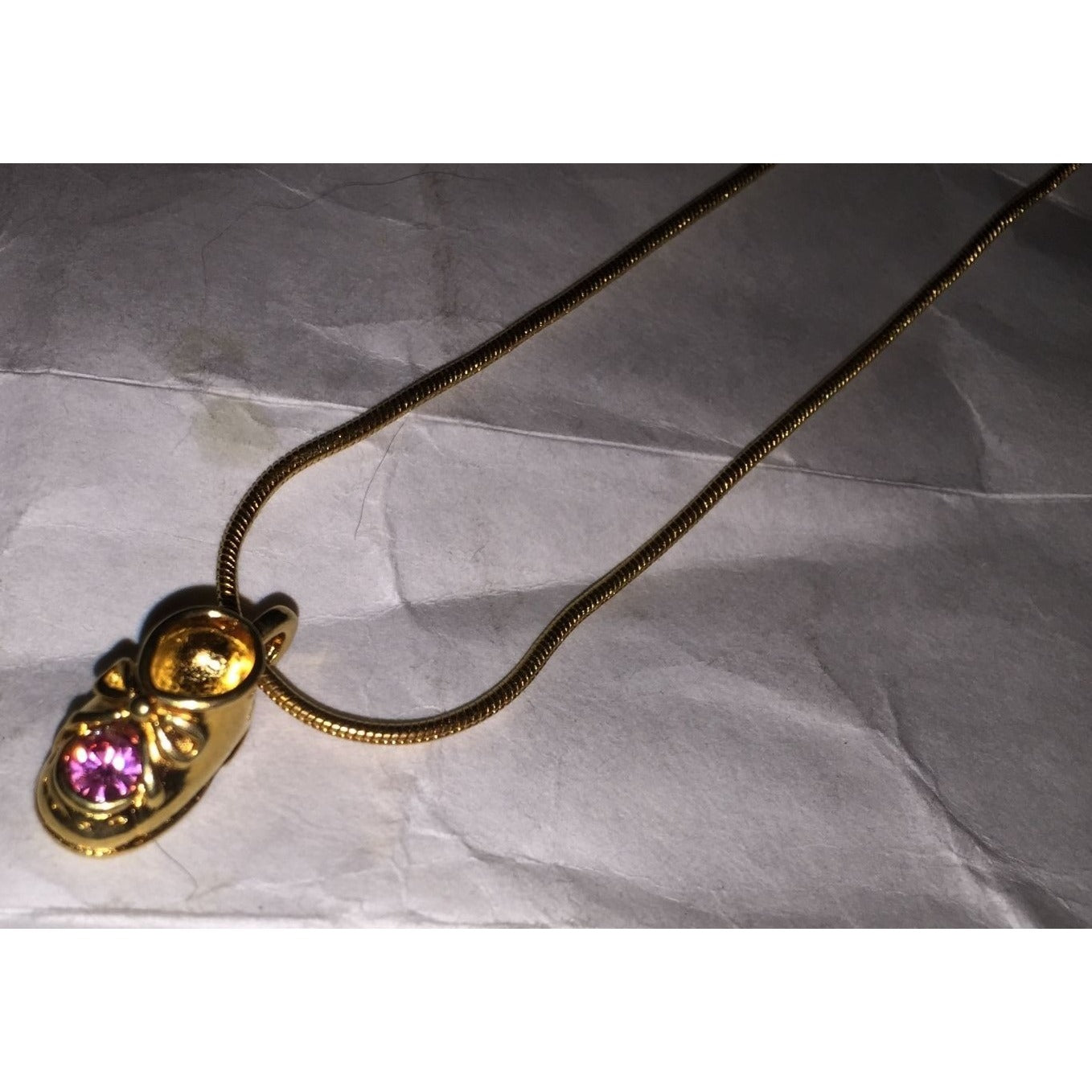 Womens Gold Tone Necklace with Chain and Baby Shoe w/ Pink Rhinestone (Month of Oct.)