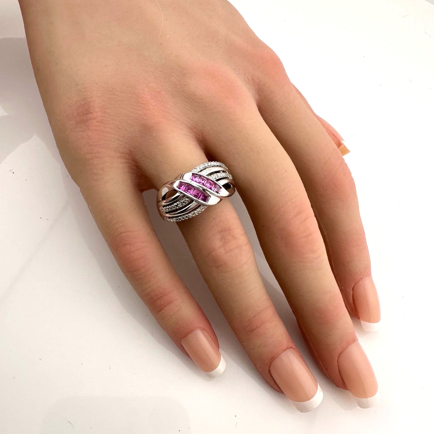 Detailed Lab Created Pink Sapphire and Sterling Ring - Size 7