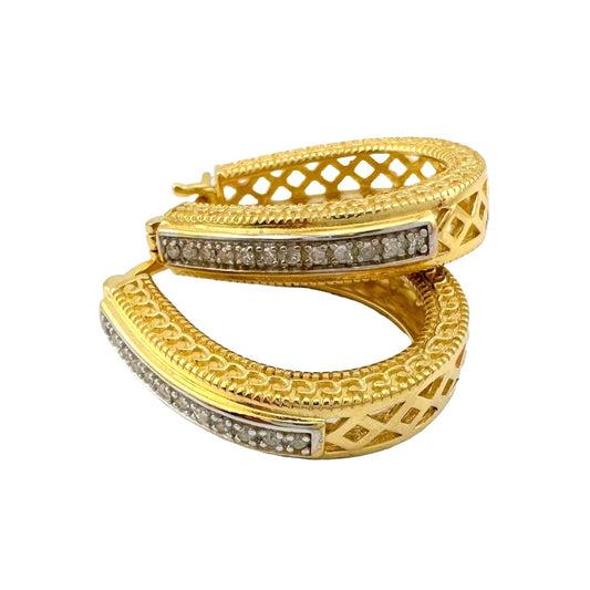Beautiful Diamond Hoop Earrings - Sterling SIlver w Gold Overlay & Lattice Back