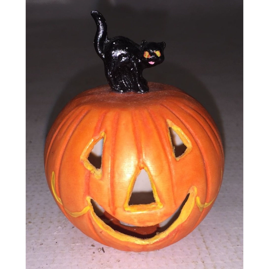 Black Cat Standing on an Orange Pumpkin - Halloween Decor/Figurine