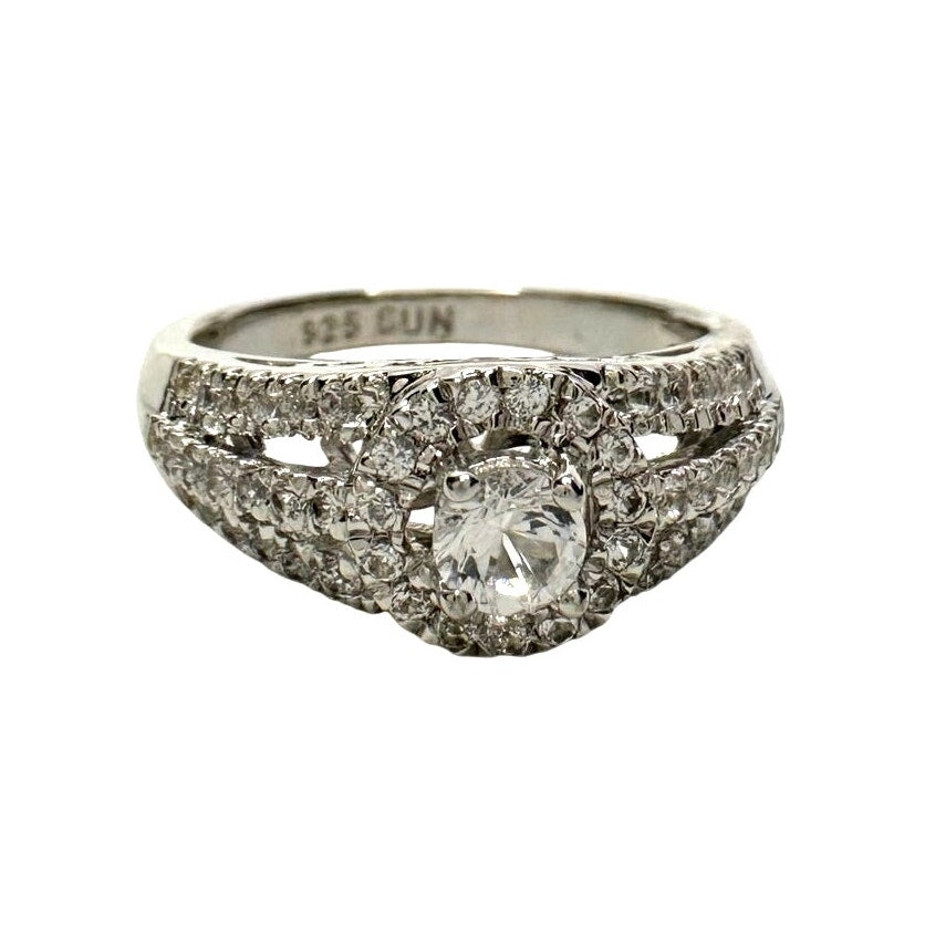 Brilliant White Topaz Split Shank Lab Created Ring Sterling Silver