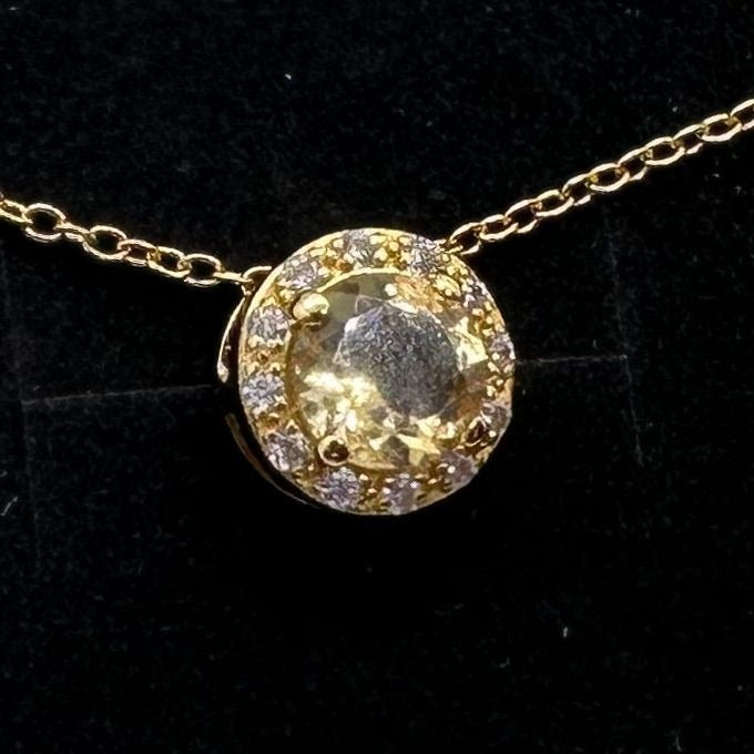 Bright Round 2.00 Carat Golden Citrine Halo Necklace - 14kt Gold Overlay Sterling Silver with 18" Chain