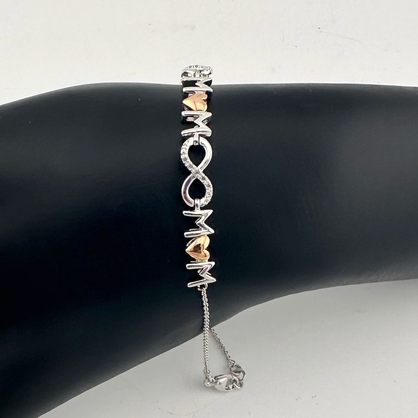 Sterling Silver "Mom" Bracelet with 14 kt gold Accent Hearts  & Infinity Symbols with Natural Diamonds