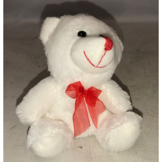 Small White Plush Stuffed Animal Bear wearing Red Bow - about 6 inches