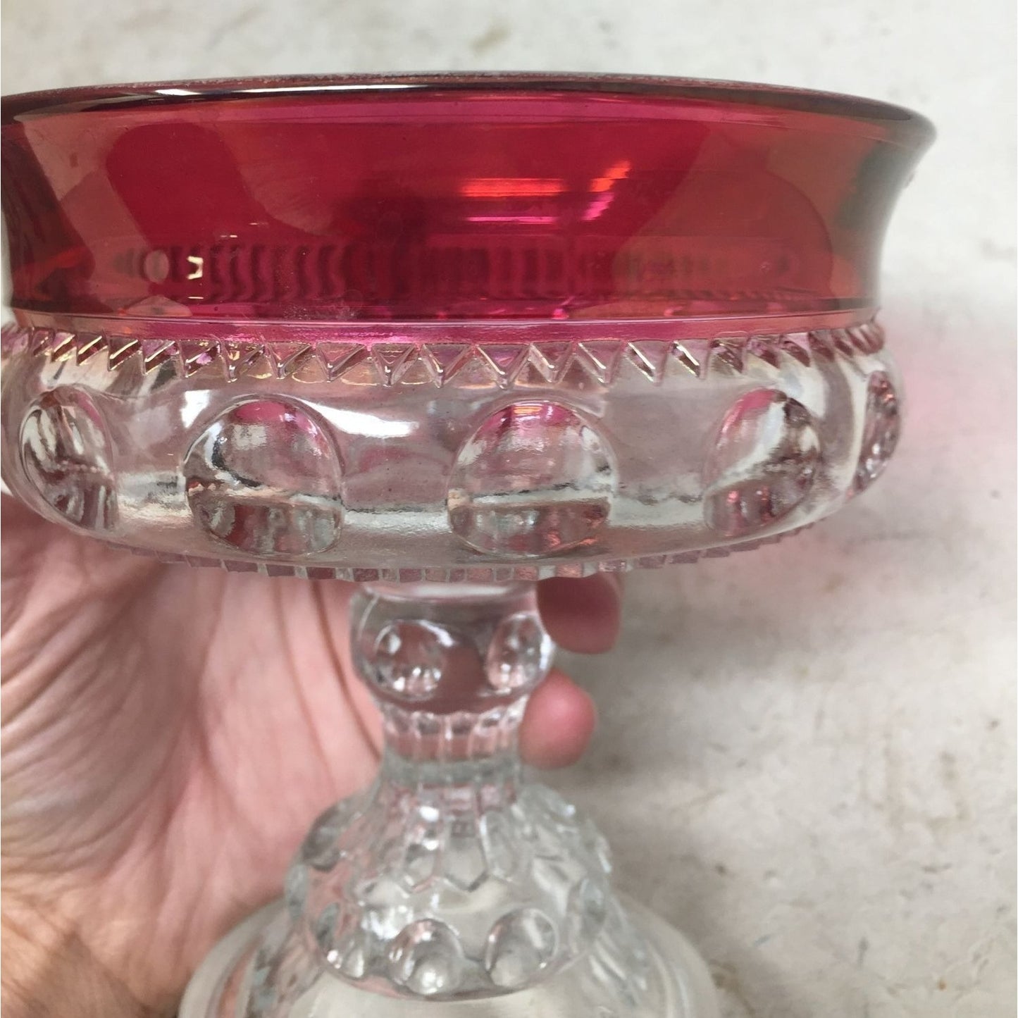 Vintage Clear and Red King's Crown Thumbprint Patterned Glass Lidded Trinket/Candy Dish