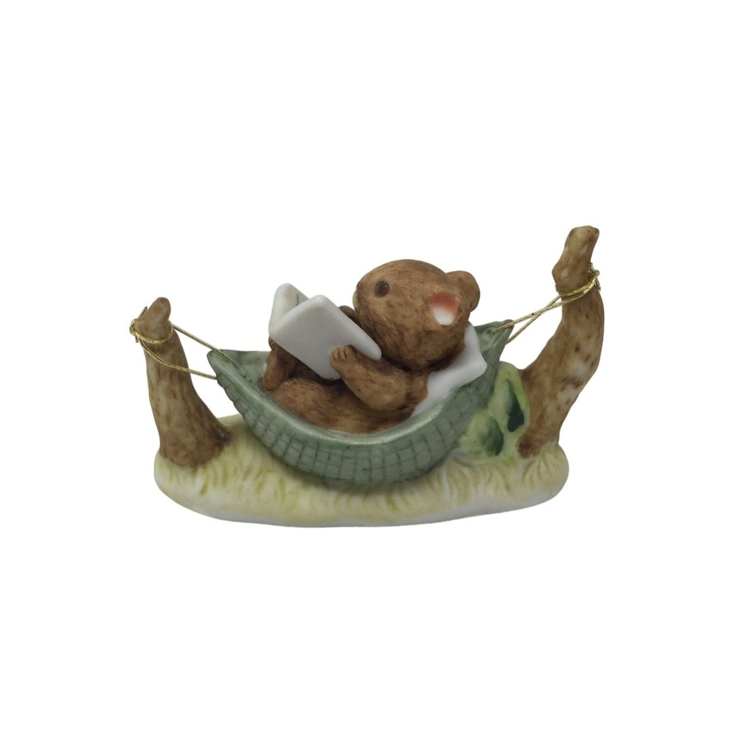 Vintage Enesco 1975 Figurine Mouse Laying in Hammock, Reading a Book