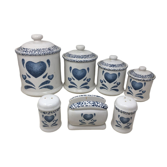 Country Style Ceramic Kitchen Canister Set - White with Blue Heart and Flourish Art - Large Lid NO LONGER INCLUDED