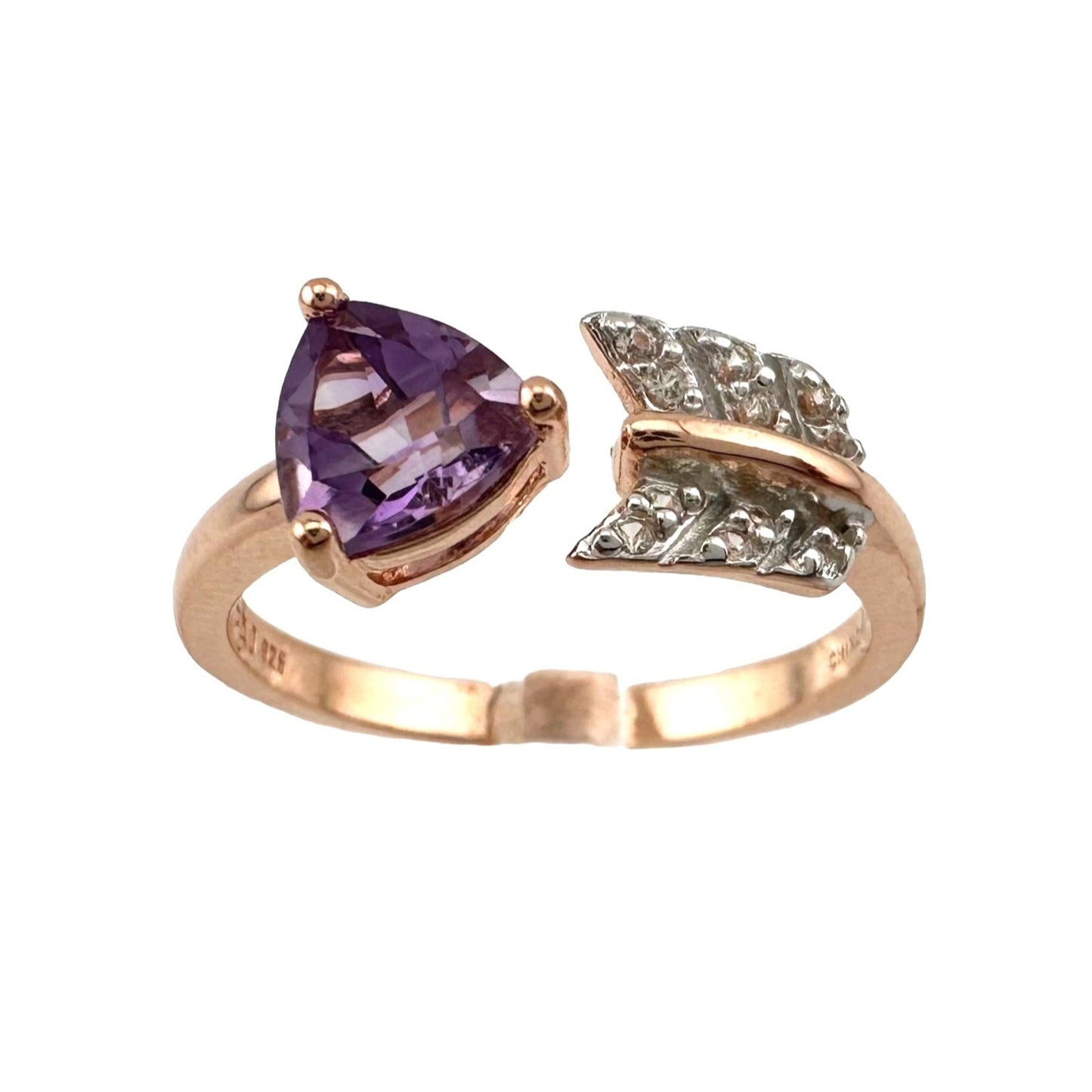 Beautiful Trillion Cut Purple Amethyst Arrow Ring  14kt Rose Gold Overlay Sterling Silver - Size 7