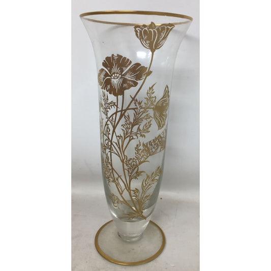 50th Anniversary Tall Clear Glass Footed Vase with Gold Tone Flowers