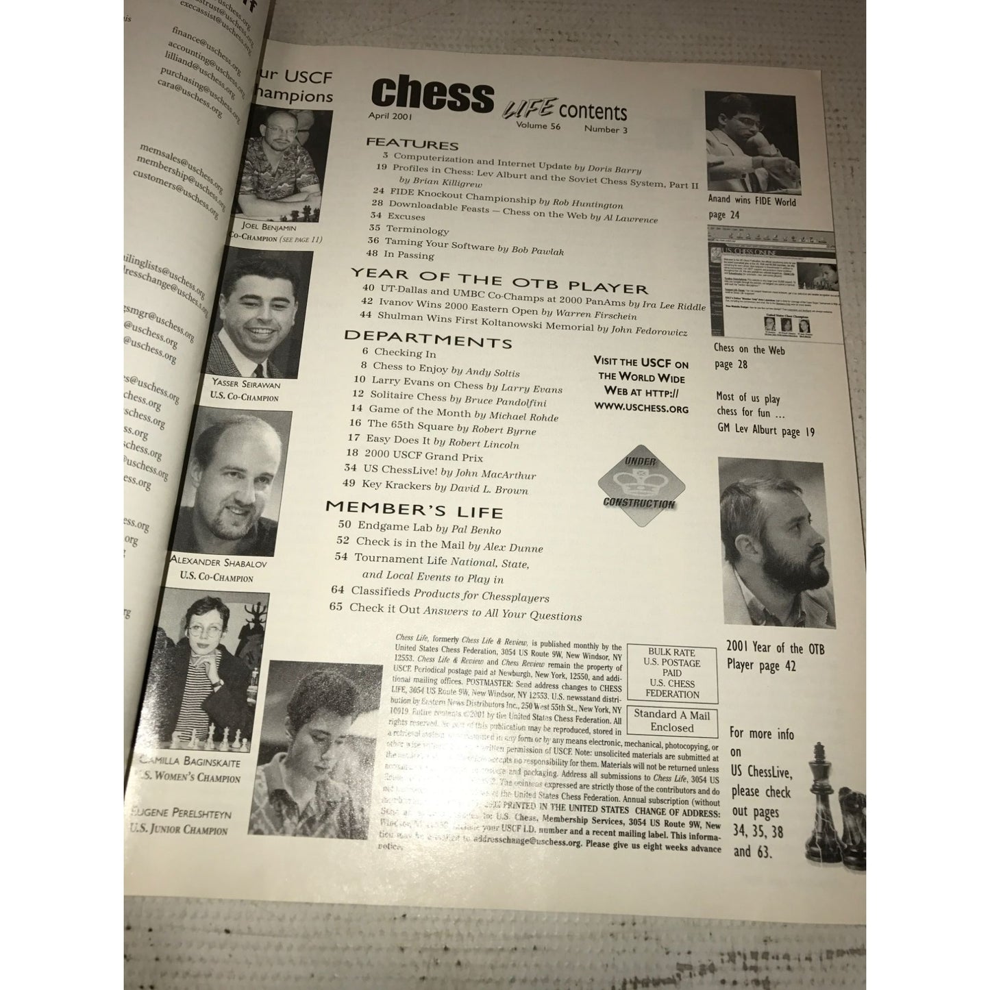 Vintage Bundle of 5 Chess Life Collectible Magazines (Jan- May 2001)